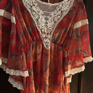 Free People Red Black Asymmetrical Ruffled Blouse